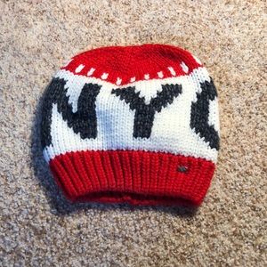 Red, white and dark gray knit hat